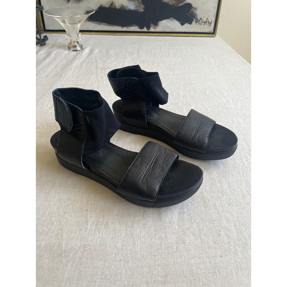 Eileen Fisher Womens Black Leather Mesh Ankle Wrap Platform Sandals Size 8
